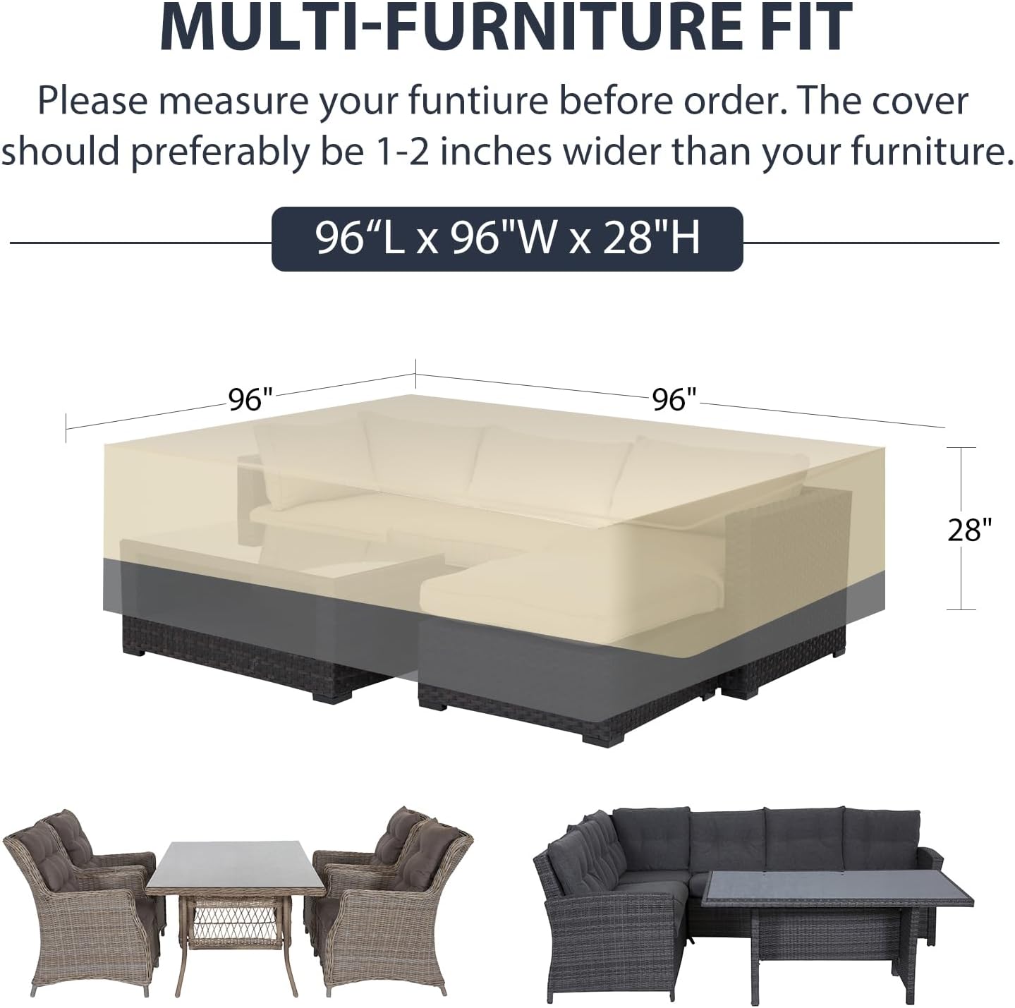 Fundas para muebles de patio, impermeables, resistentes, 96 x 96 x 28 pulgadas, fundas grandes para mesa de comedor y silla, impermeables,