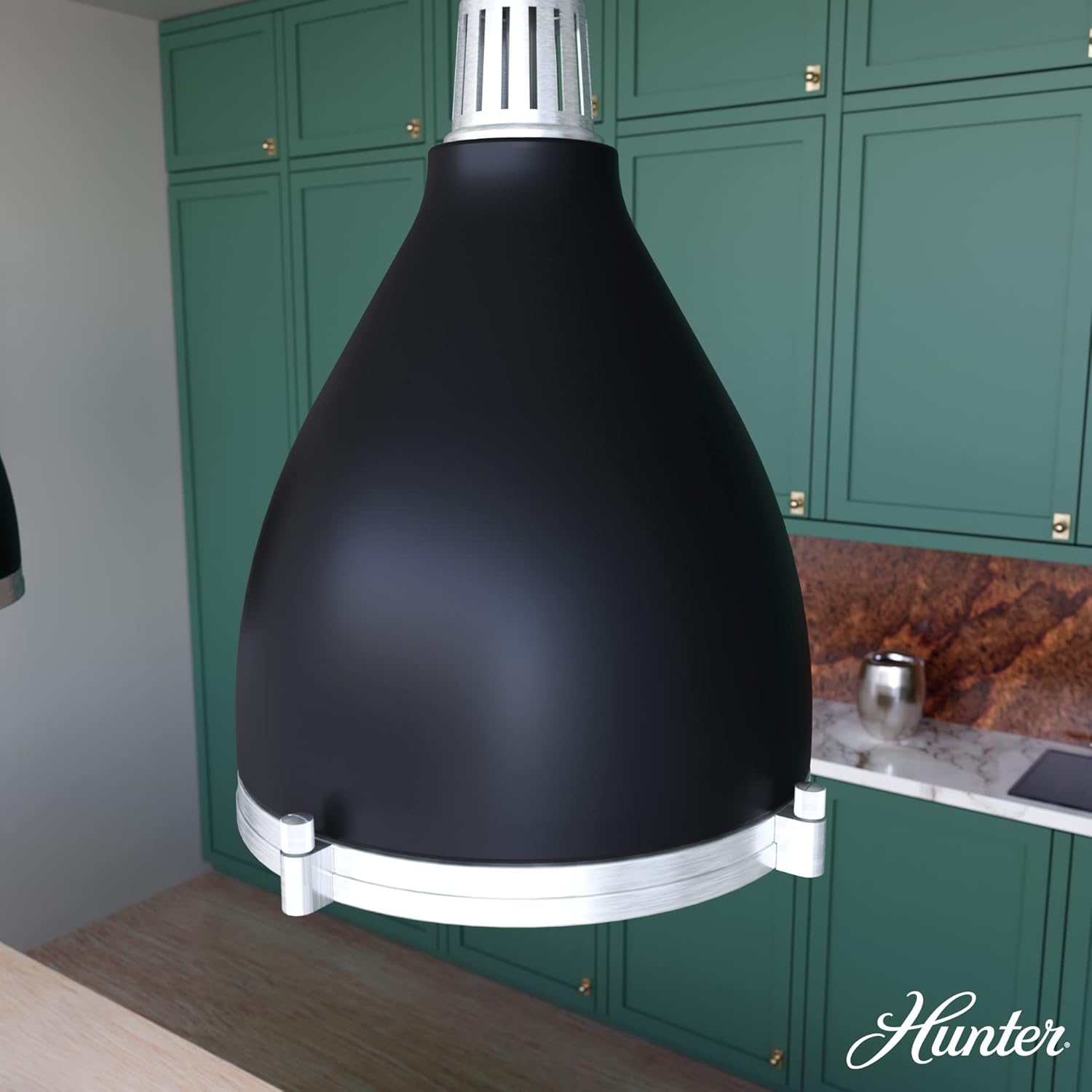 Hunter – Bluff View – Lámpara colgante de 3 luces, color negro mate, tamaño mediano, regulable, estilo casual, con forma de campana, para