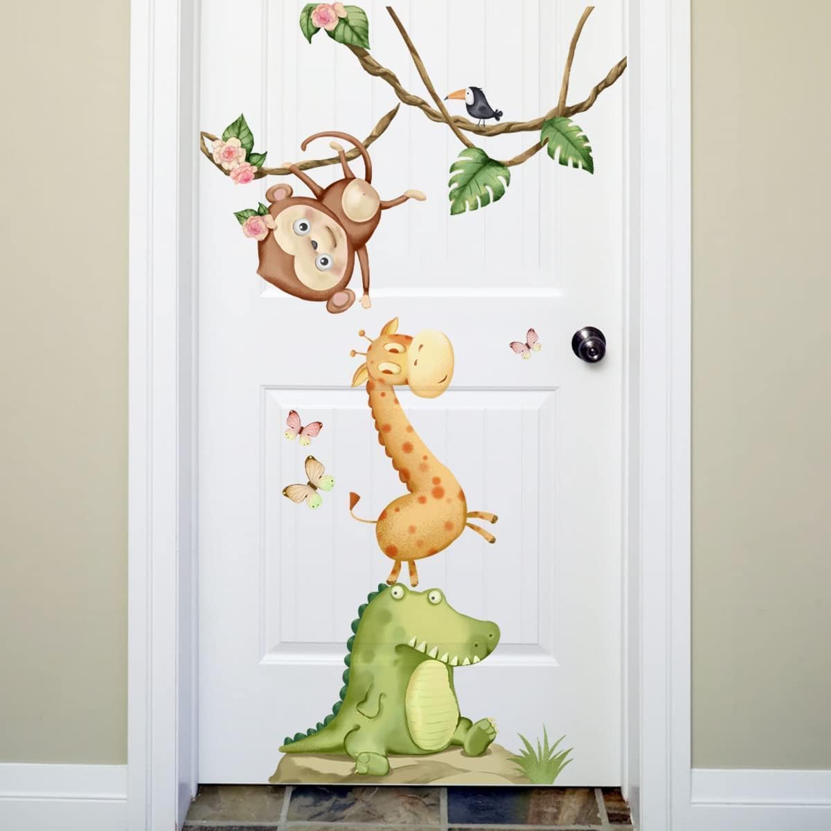 Calcomanías de pared de animales de acuarela, calcomanías de pared de animales de mono, jirafa, calcomanías de pared para niños, guardería, sala de
