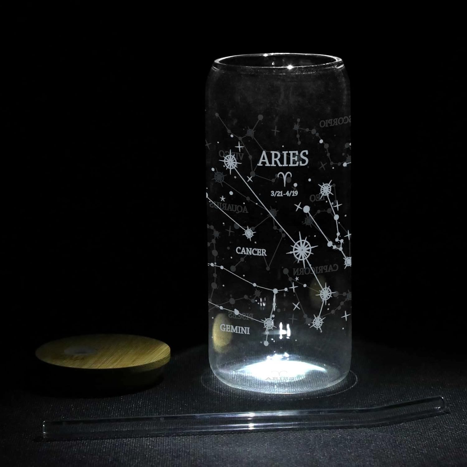 Aries – Tazas de café helado de 20 onzas  Tazas de vidrio con tapas y pajitas  Vaso de vidrio de constelación de astronomía con tapa de bambú y