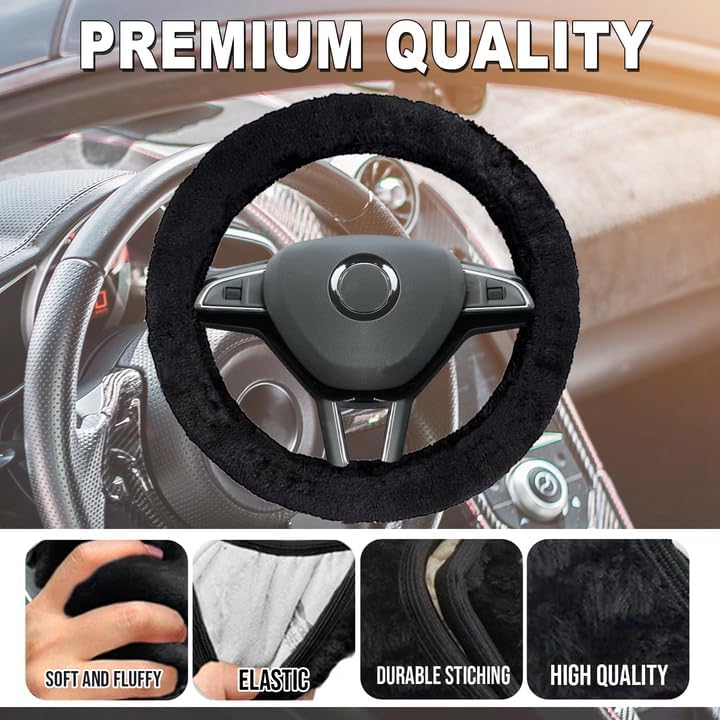 Zone Tech – Funda para volante de piel de oveja negra y almohadilla para cinturón de seguridad, funda elástica para volante de piel de oveja, color