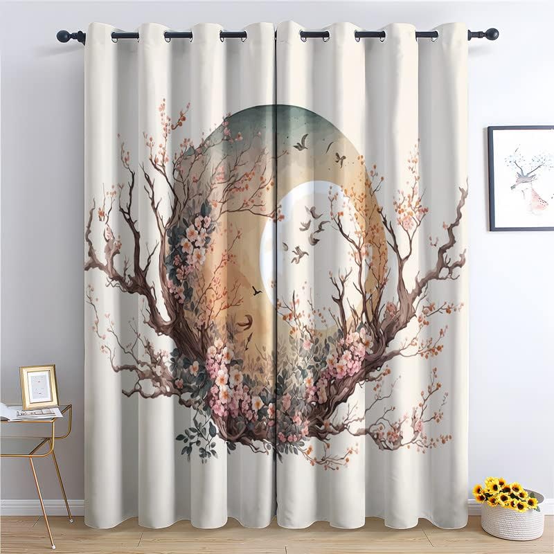 TAKUAN Sakura – Cortinas opacas de estilo japonés para dormitorio, sala de estar, juego de 2 paneles de 63 pulgadas de largo, cortinas con ojales