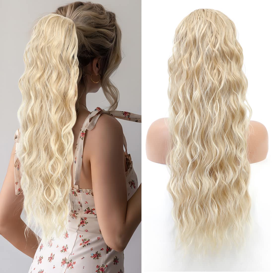 Miuric Extensión de cola de caballo de 24 pulgadas, rubio claro y rubio dorado, extensiones de cabello con cordón para mujer, cola de caballo larga,