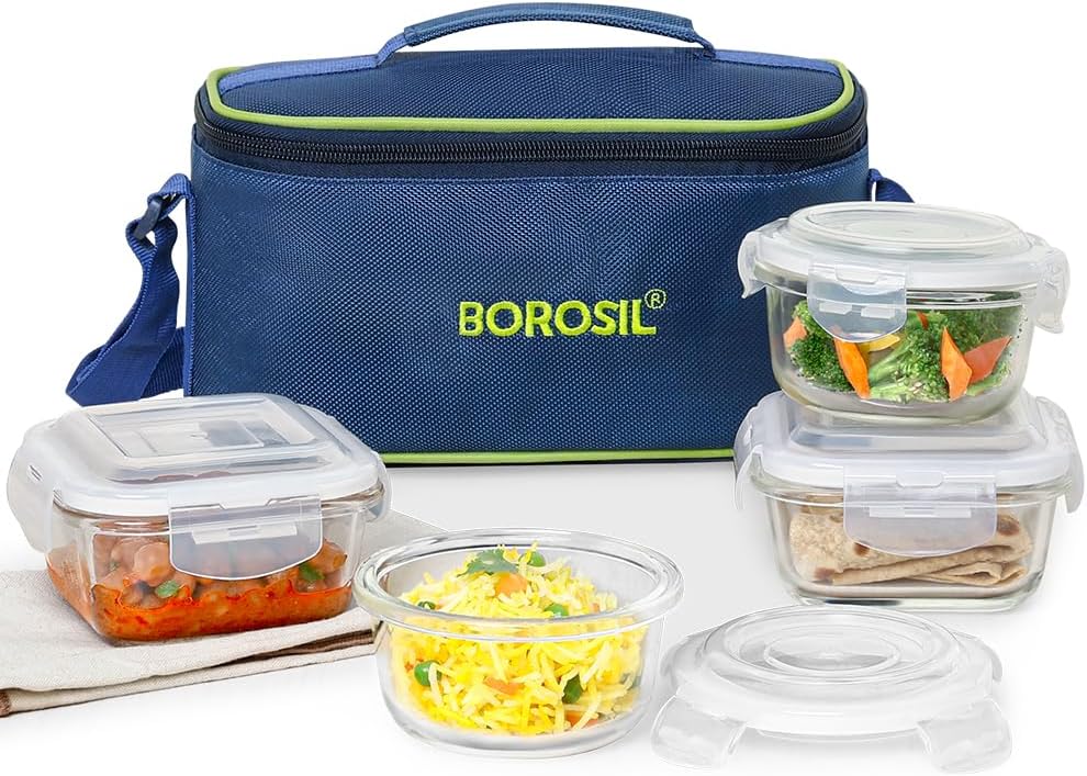 Borosil Juego de 4 fiambreras universales de vidrio, (2 unidades de 10.8 fl oz cuadrados + 2 piezas de 8.1 fl oz Rnd) aptas para microondas y oficina