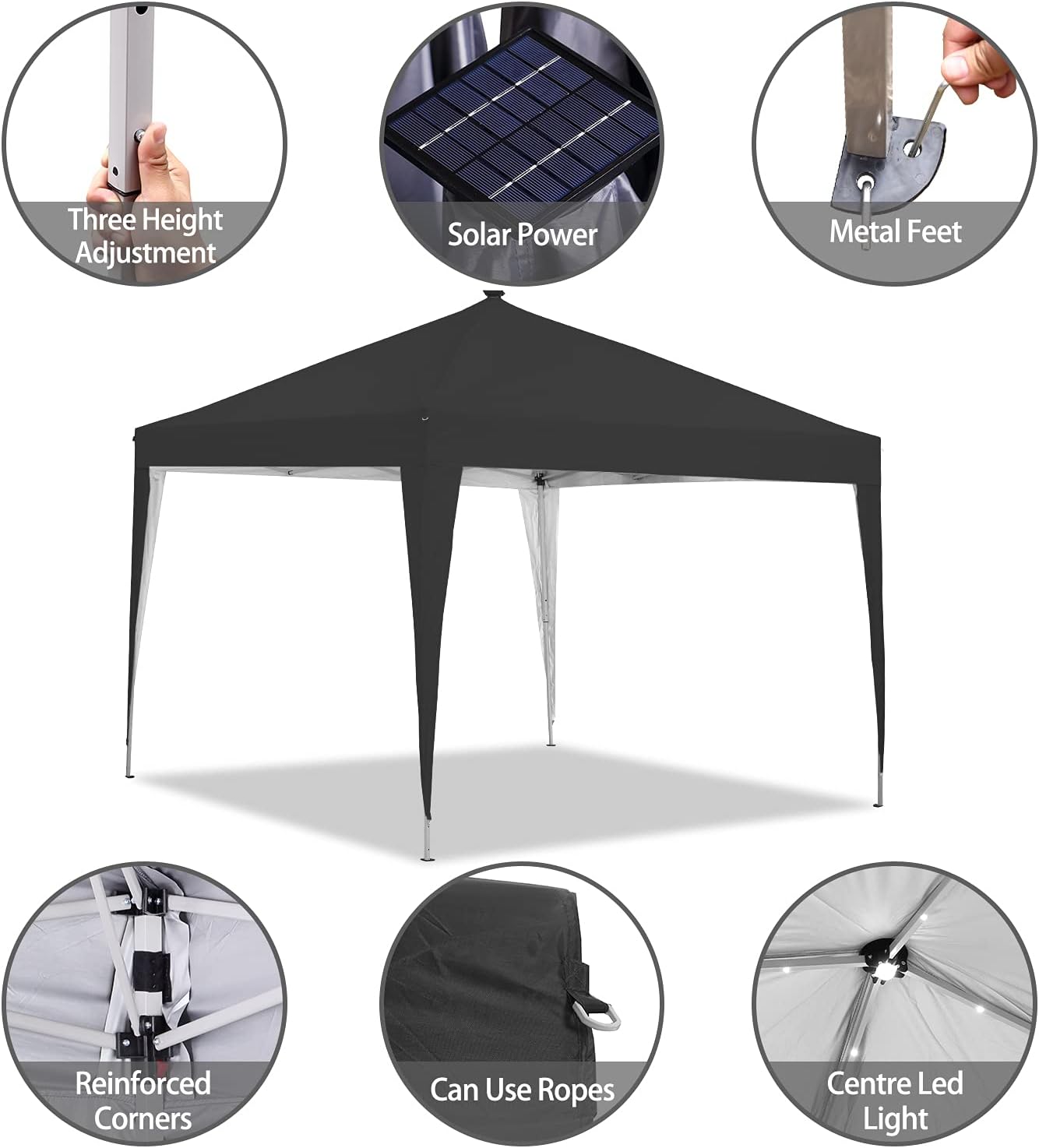 Tienda de campaña con toldo desplegable de 10 x 10 pies, luz LED, portátil, para fiestas de fiesta, color negro