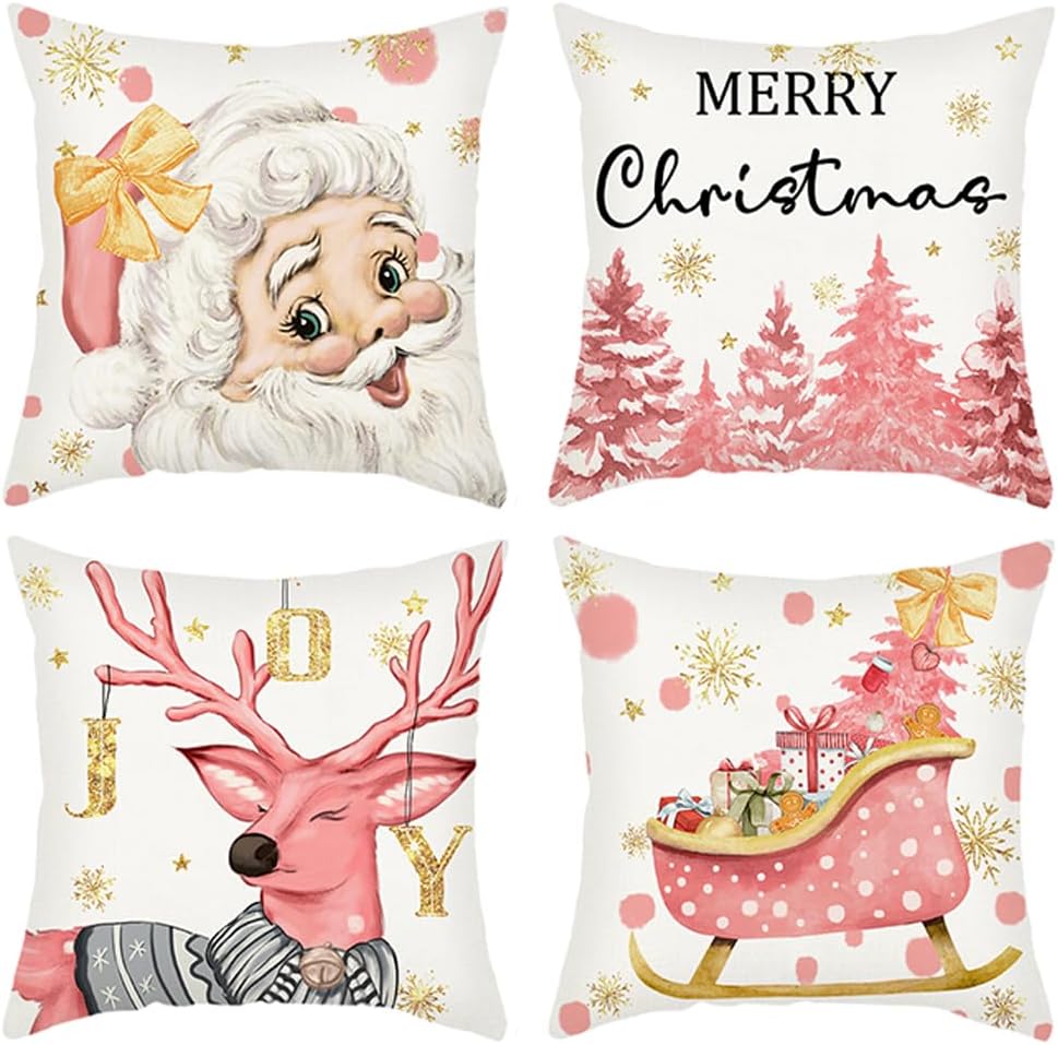 wyooxoo Fundas de almohada de Navidad de 16 x 16 pulgadas, juego de 4 fundas de almohada con diseño de reno rosa con árbol de Navidad, decoración de