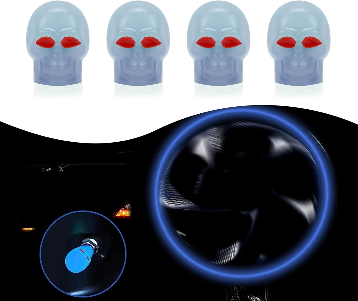 4 tapas de válvula de neumático de automóvil, mini tapa luminosa en forma de calavera, compatible con la mayoría de automóviles y motocicletas (azul)