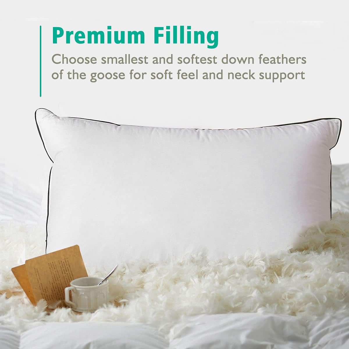 APSMILE Juego de 2 almohadas de plumas orgánicas, almohadas de cama de tamaño estándar para dormir con funda 100% algodón, almohada híbrida de