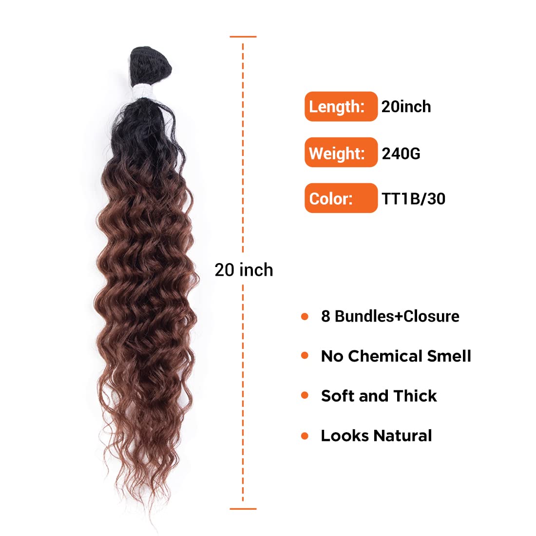 Extensiones de cabello sintético degradado rizado con cierre de dos tonos marrón T1B30, 8 paquetes con cierre de trama de cabello ondulado para
