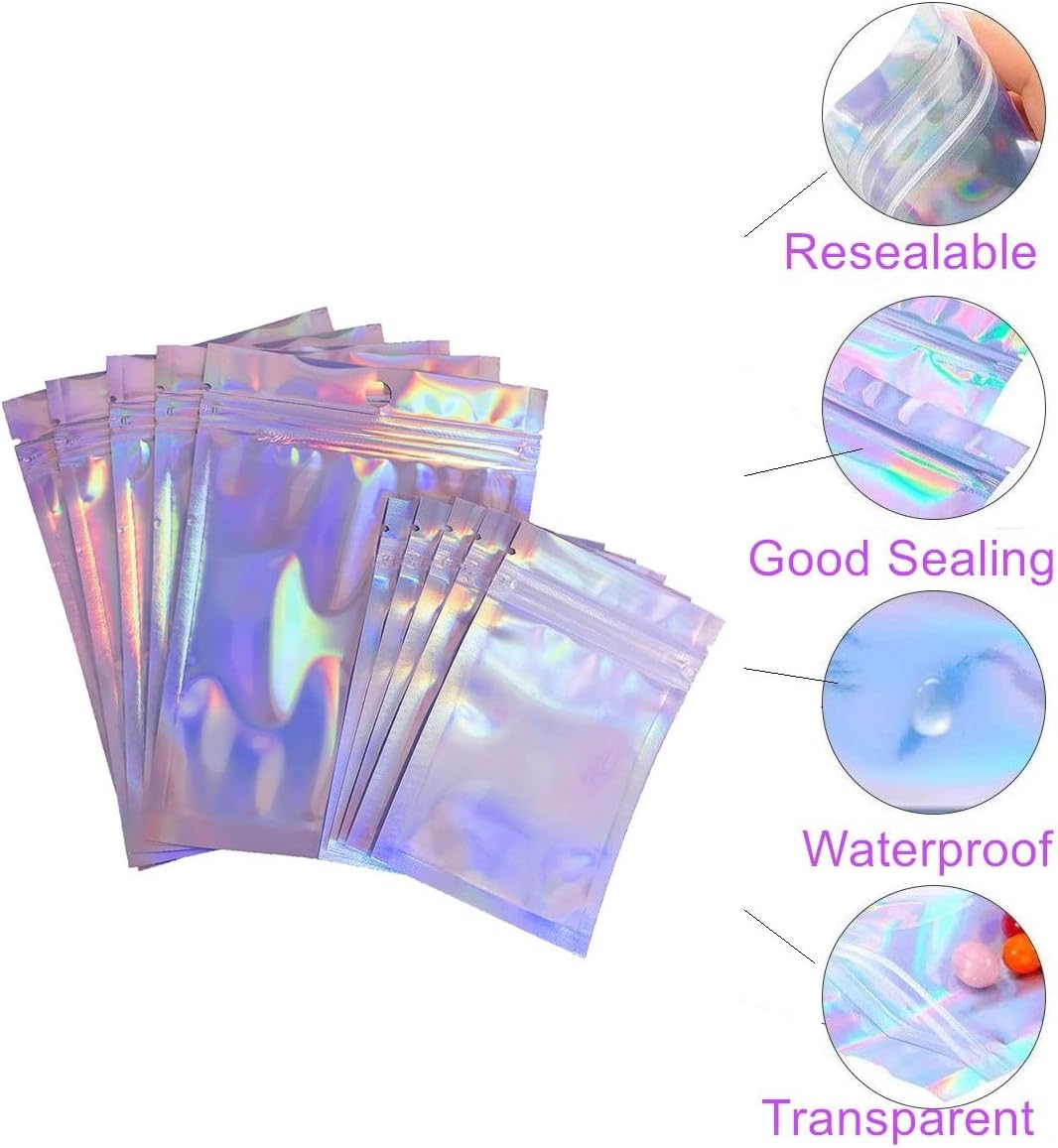 Bolsas reutilizables con cierre de cremallera, 100 bolsas holográficas de doble cara, a prueba de olores, bolsas de papel de aluminio (holográficas,