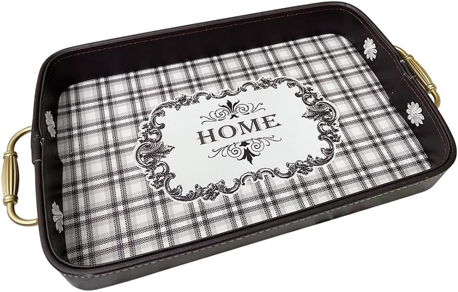 Elegante bandeja de cuero con asas, bandeja decorativa a cuadros en blanco y negro para desayuno, almuerzo, cena, aperitivos, patio, otomana, mesa