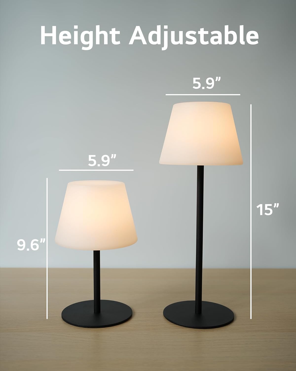 Lámpara de mesa inalámbrica recargable, lámpara de mesa con pilas para exteriores, impermeable, portátil, táctil, regulable, altura ajustable, para