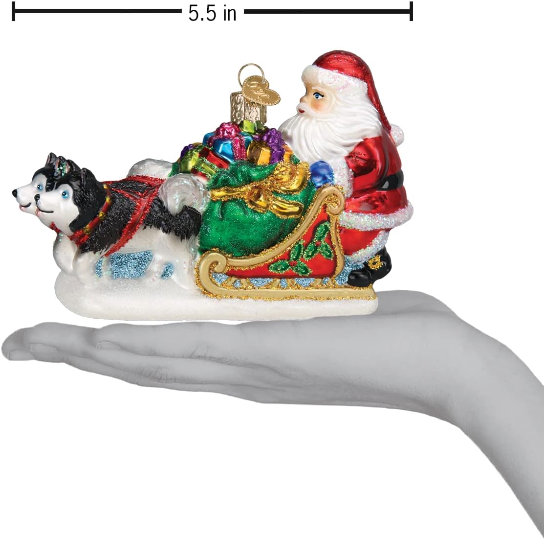 Old World Christmas Adorno de cristal soplado de trineo de perro de Papá Noel para árbol de Navidad