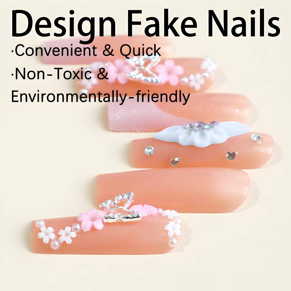 Uñas postizas a presión con diseño de mariposa, uñas postizas largas con punta francesa, uñas postizas de ataúd rosa con diseño de flores de