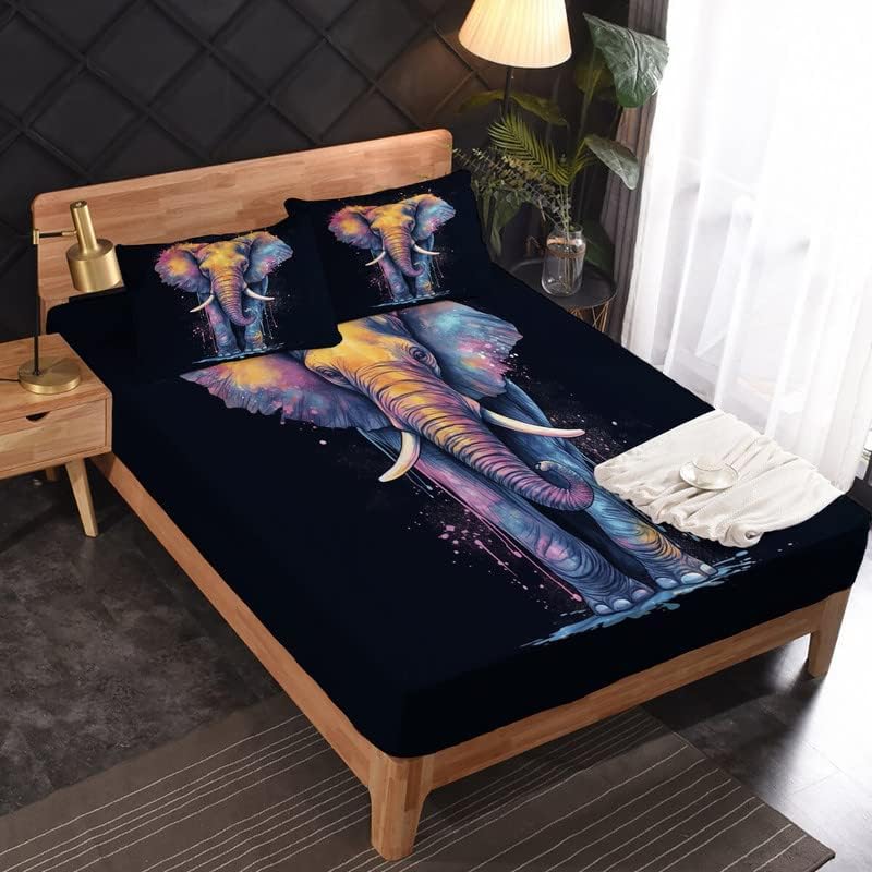Juego de sábanas de elefante tamaño Queen, sábanas de microfibra suave y bolsillo profundo, sábanas y fundas de almohada estampadas sin arrugas, 4