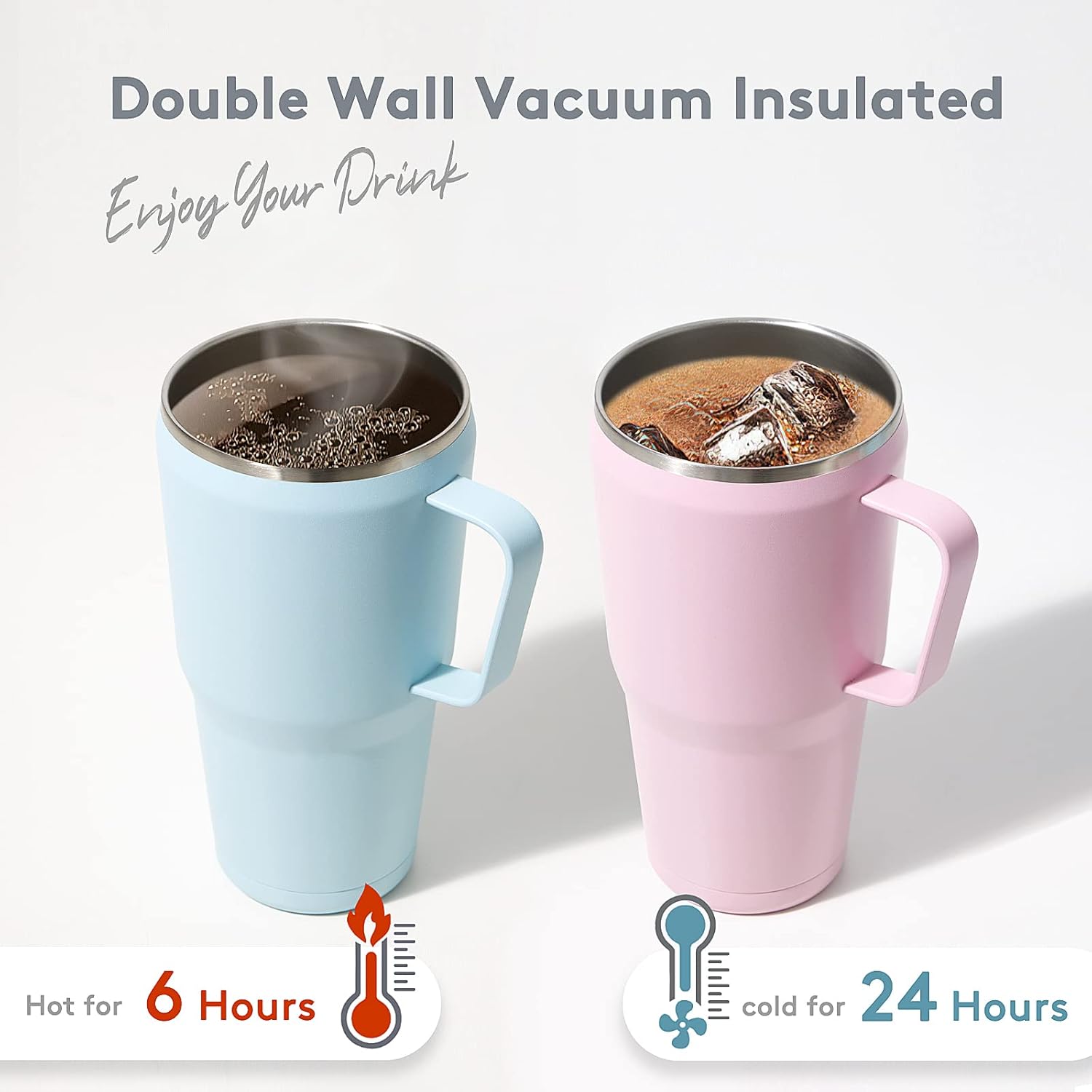 JEAREY Vaso de 30 onzas con asa, vaso de acero inoxidable con tapa y popote, vaso aislado de viaje para bebidas calientes y bebidas frías, vasos