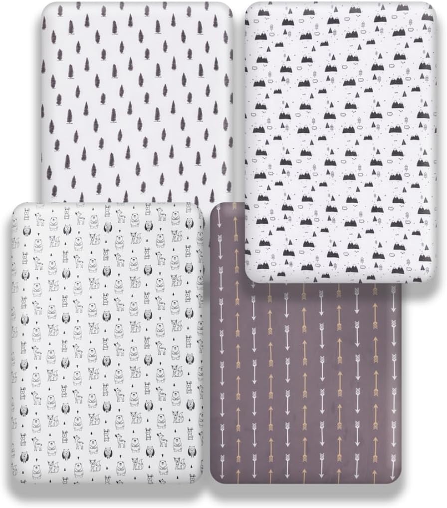 Juego de 4 sábanas ajustables unisex para cuna de bebé, diseño de animales del bosque del bosque, de madera, neutro, para bebés, niños o niñas,