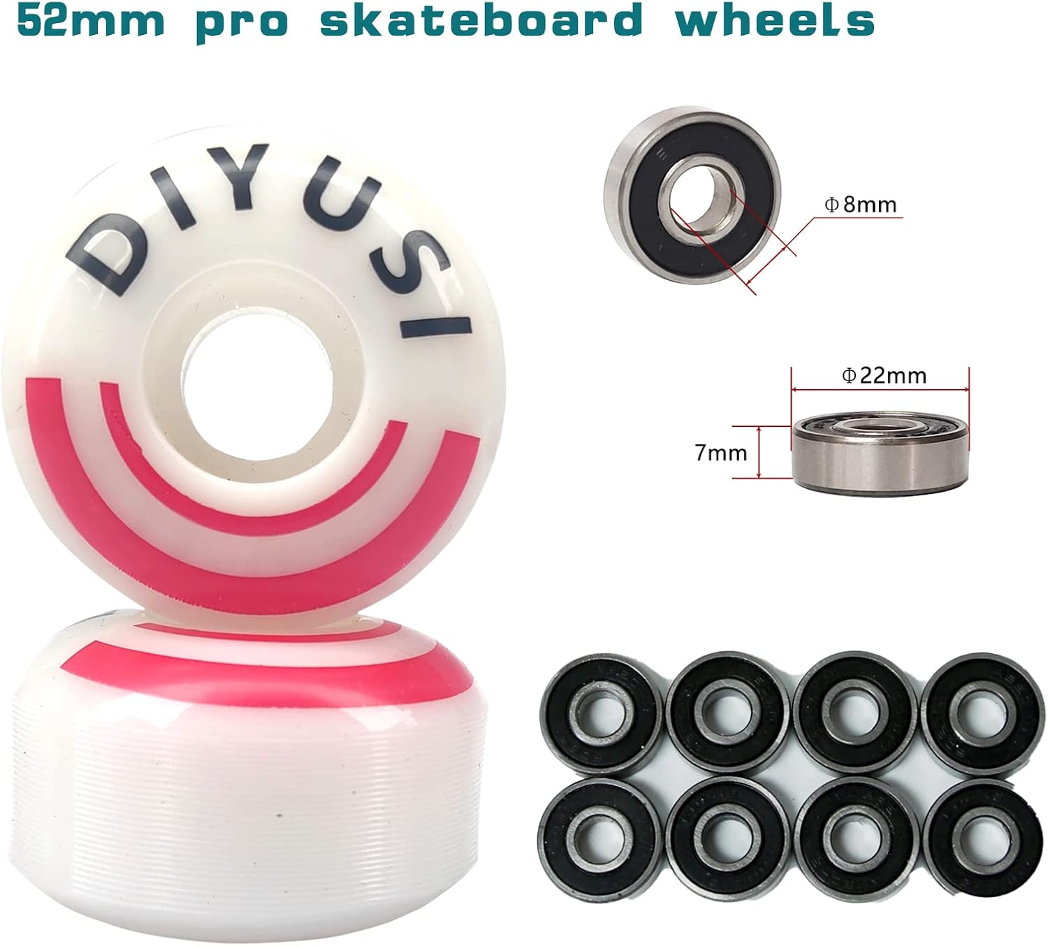 DIYUSI Skateboard Wheels Skate wheels52mm 95A + ABEC-9 Bearing Steel and Spacers Cruiser Wheels (Black)