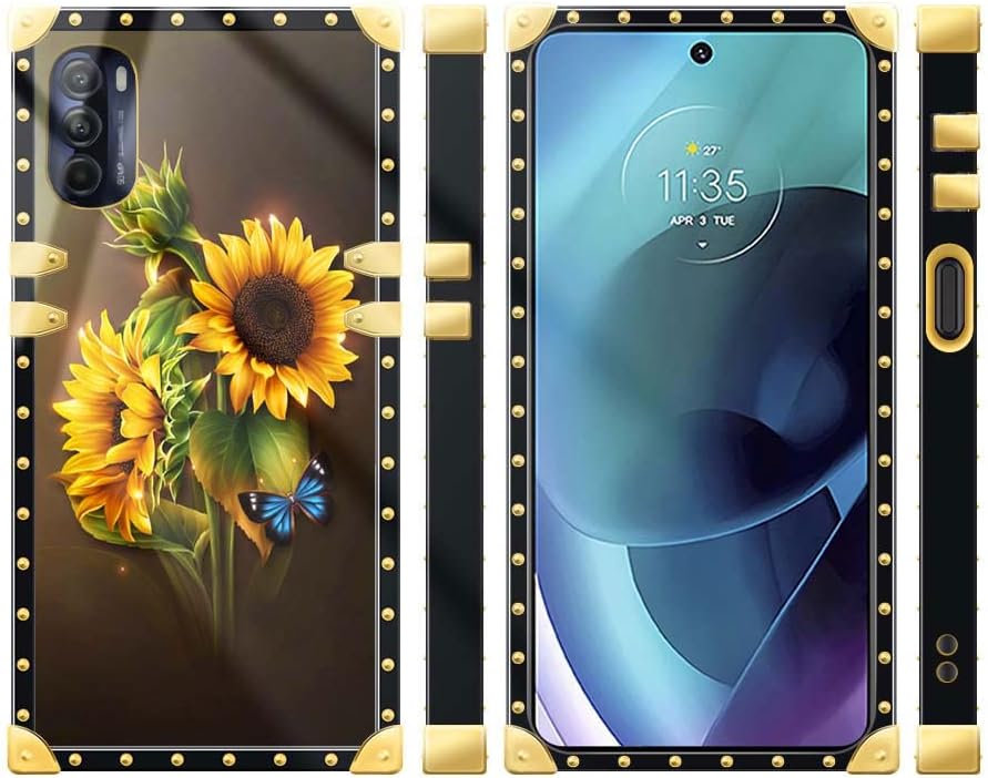 Funda para Motorola Moto G 5G 2022, diseño de girasoles de mariposa azul, 1 funda cuadrada para niñas y mujeres, funda decorativa de metal de lujo,