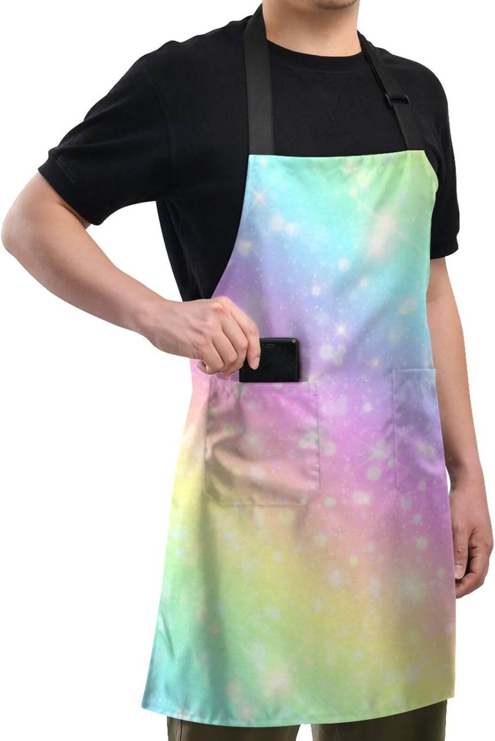 RPLIFE Delantal de cocina para mujer, diseño de arco iris con purpurina y bolsillos, delantal de chef impermeable, delantal de peluquería