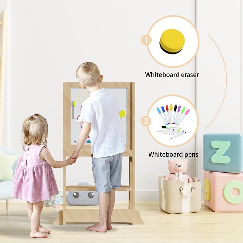 Taburete de cocina 4 en 1 para niños pequeños, taburete de torre de aprendizaje para niños con riel de seguridad y tabla blanca para escribir