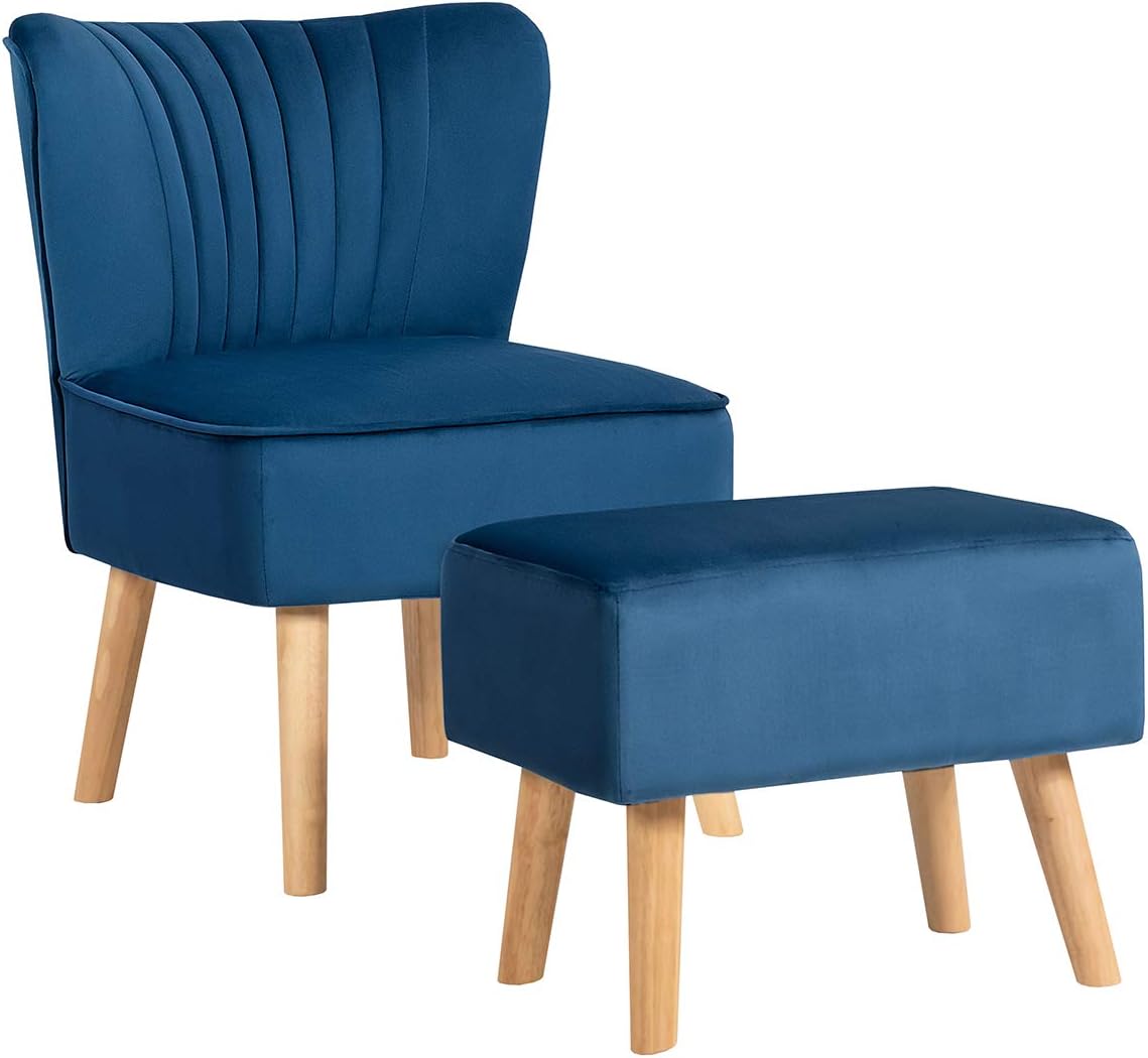 Giantex Silla decorativa de terciopelo con otomana, moderna silla tapizada con reposapiés, patas de madera firmes, juego de sillas individuales de