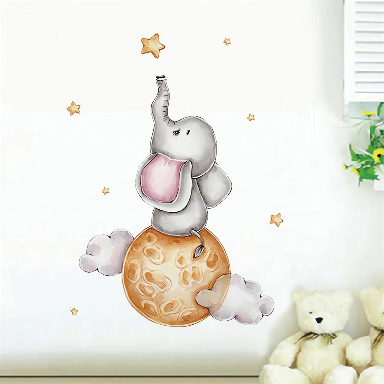 Calcomanías de pared de elefante y estrellas para bebé, diseño de animales de dibujos animados de sacinora para bricolaje, vinilo extraíble para