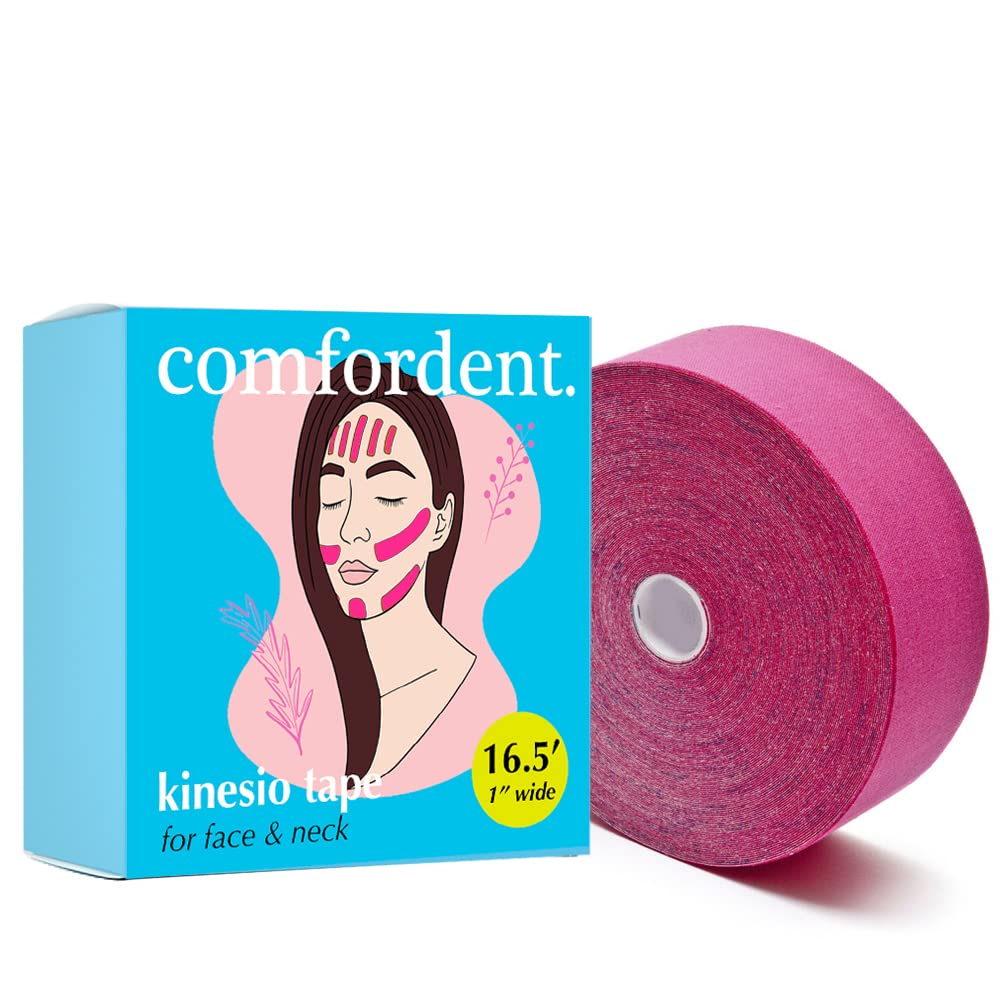 Comfordent Kinesio – Cinta para estiramiento facial y cuello, antiarrugas, liberación miofascial (rosa intenso)