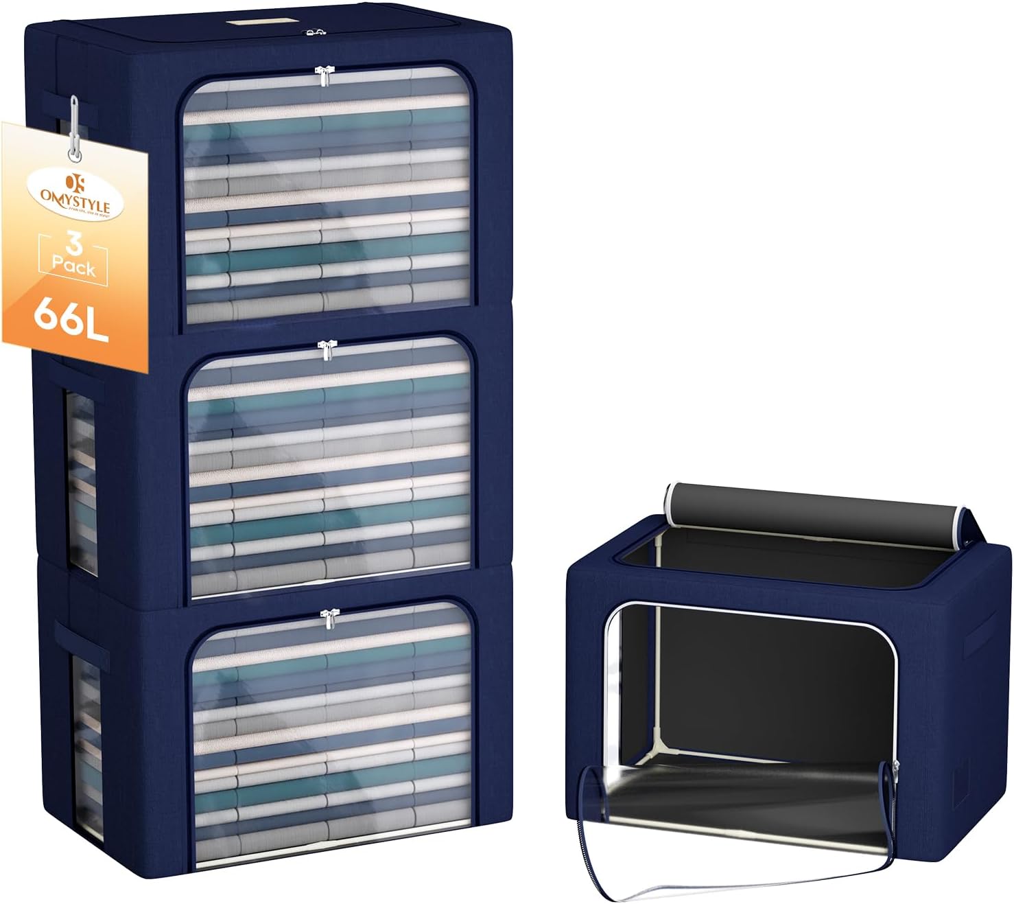 Organizador de bolsas de almacenamiento de ropa de gran capacidad de 66L, paquete de 3 con marco de fibra de vidrio, tela Oxford para edredones,