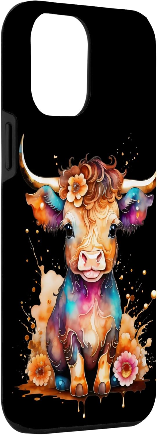Funda retro para iPhone 13 Pro Max con diseño de vaca de acuarela para bebé, diseño de vaca escocesa