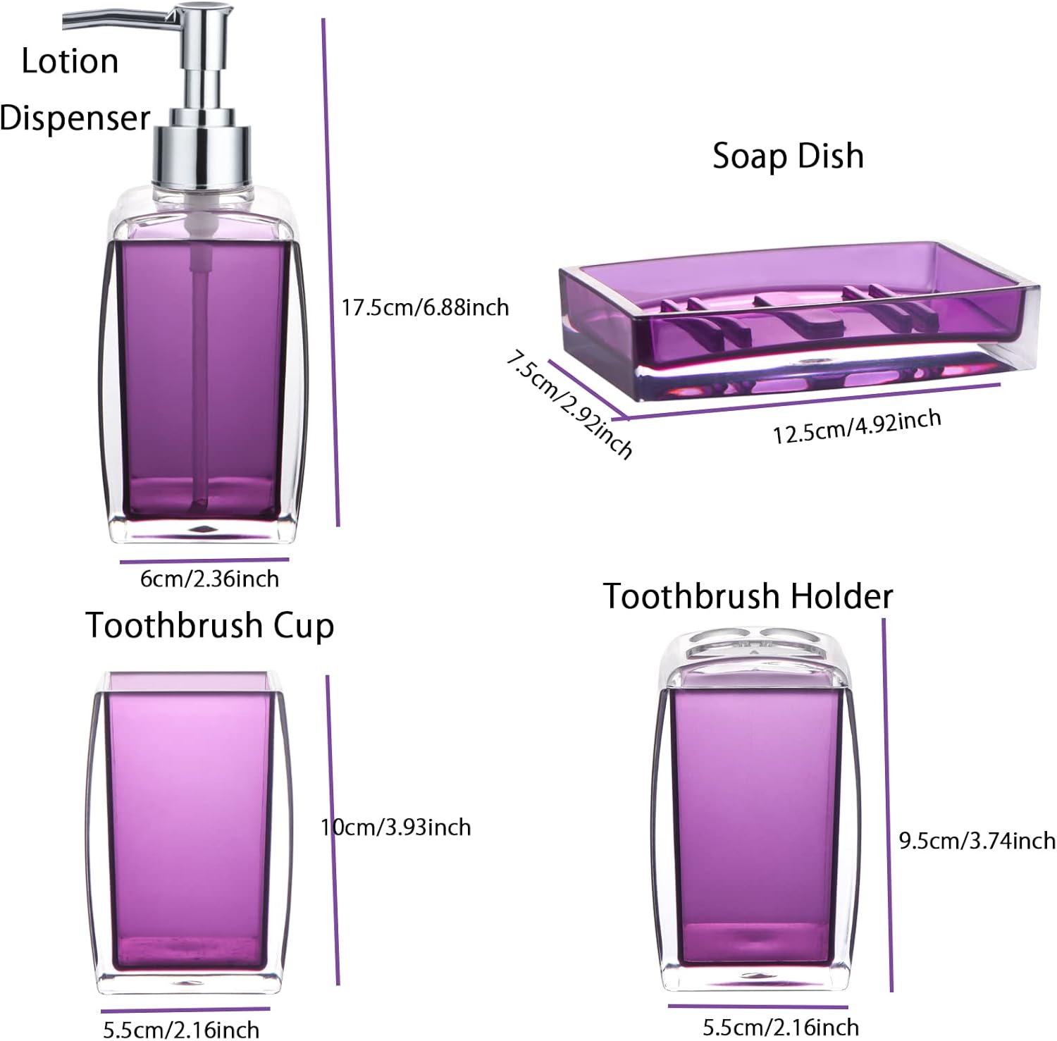 Yueranhu Juego de accesorios de baño morados, juego de regalo de decoración de baño acrílico de 4 piezas, soporte para cepillos de dientes, vaso