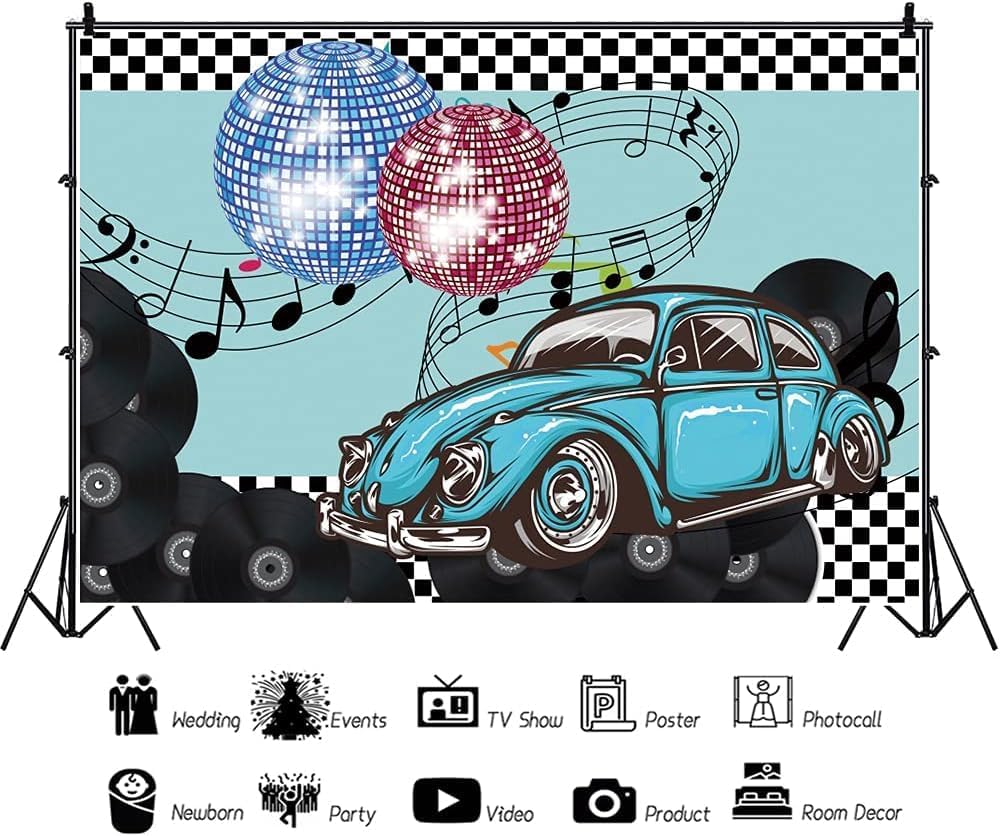 Renaiss Telón de fondo de 1950 y 1950, 7 x 5 pies, bolas de discoteca, vinilos para automóvil vintage de regreso a la fotografía de los años 50,