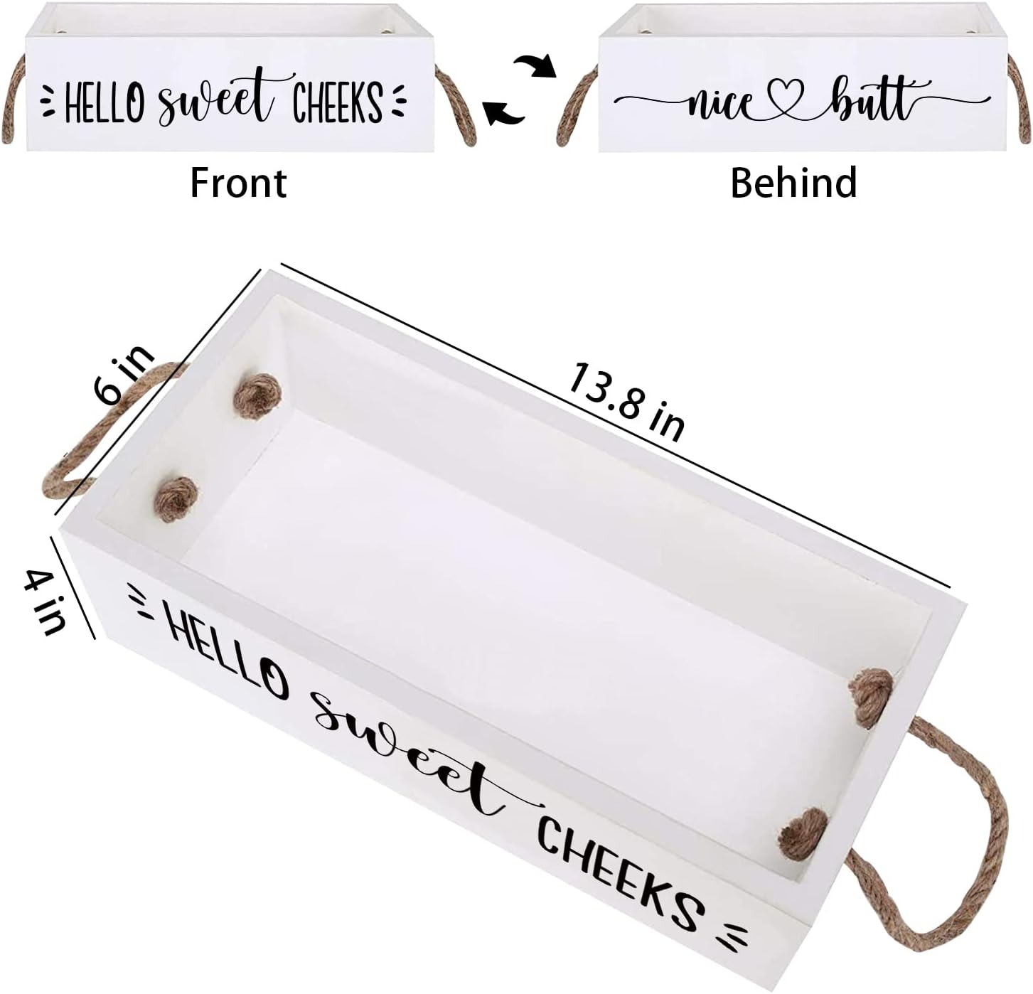 Hello Sweet Checks – Caja de madera de 2 lados para decoración de baño, cesta de papel higiénico con asa de cuerda, organizador de almacenamiento de