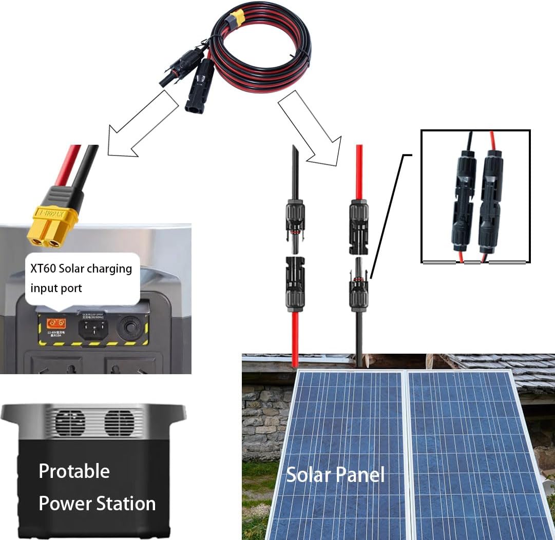 Cable de extensión solar a XT60 de 10 pies, 10 AWG, conector de panel solar a adaptador XT60, cable de carga compatible con EcoFlow River y Delta 2