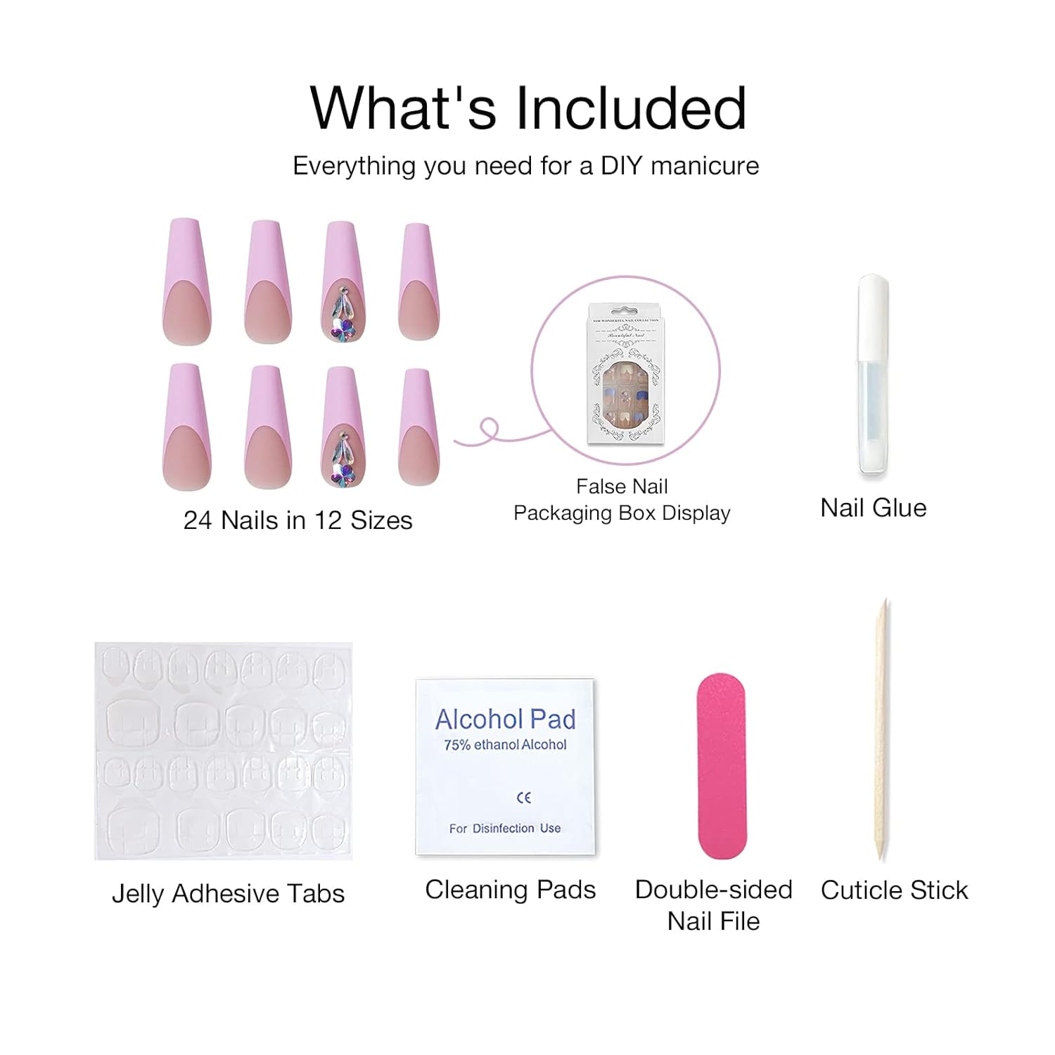 Juego de manicura de uñas francesas acrílicas, reutilizable, 12 tamaños, kit de 24 uñas
