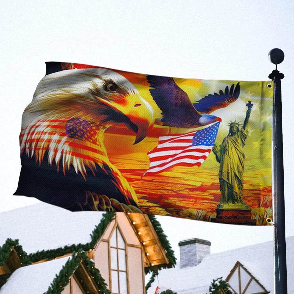FLAGWIX Paquete combinado bandera estadounidense de 3 x 5′ y bandera patriótica de águila de 3 x 5′ para exteriores con ojales, tela de lona de