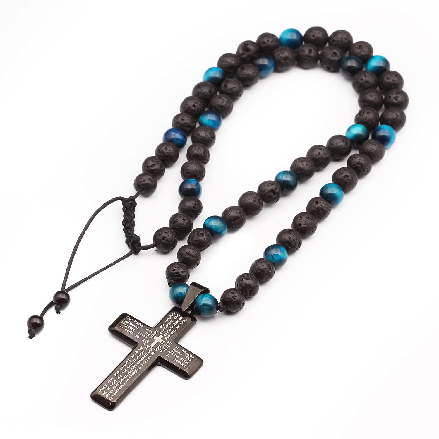 Men’s Cross Necklace Natural Blue Tiger Eye Black Onyx Lava Beaded Long Crystal Protection Healing Gemstone Necklace Christmas Gift For Him