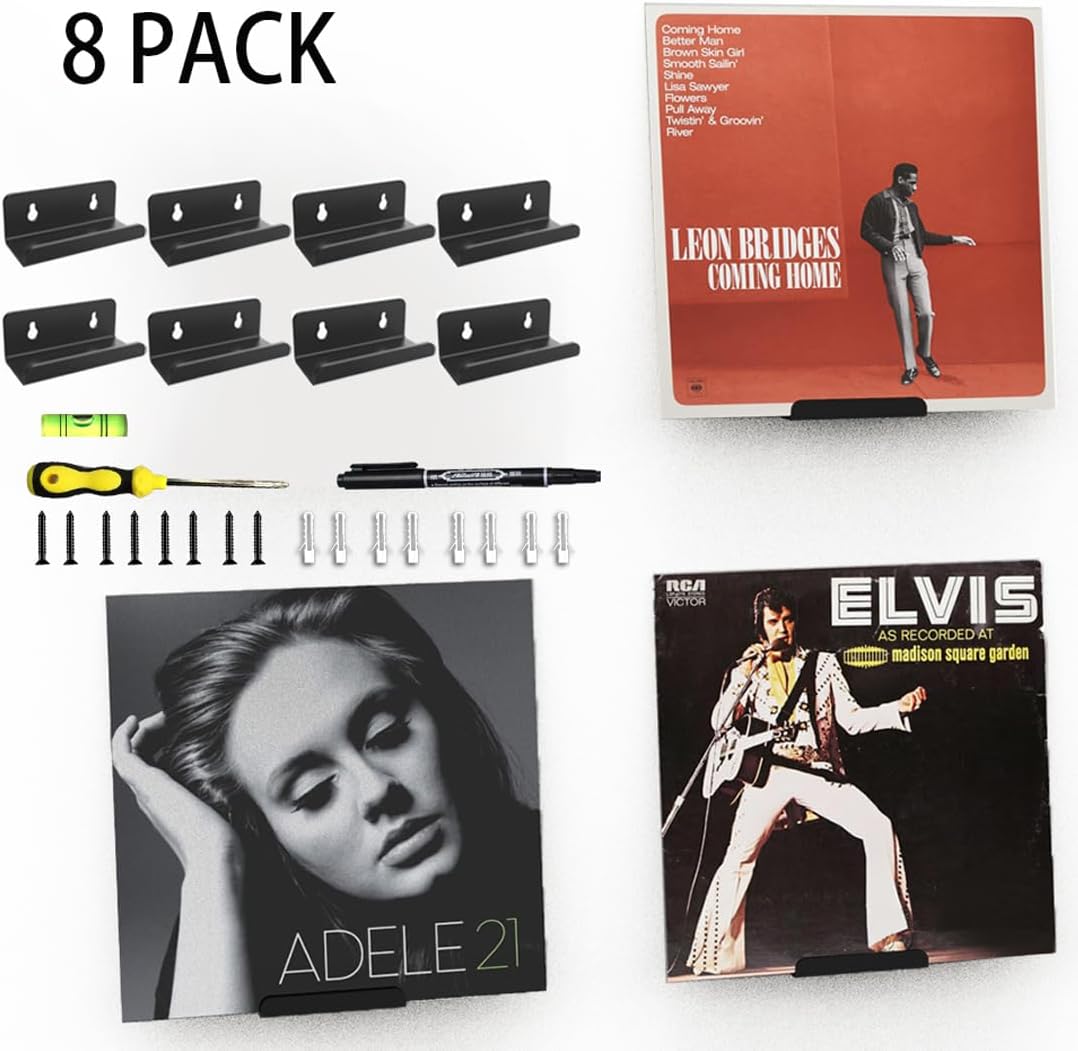 Estante de vinilo transparente para montaje en pared, paquete de 8 unidades, soporte para discos de acrílico, soporte para discos de vinilo y