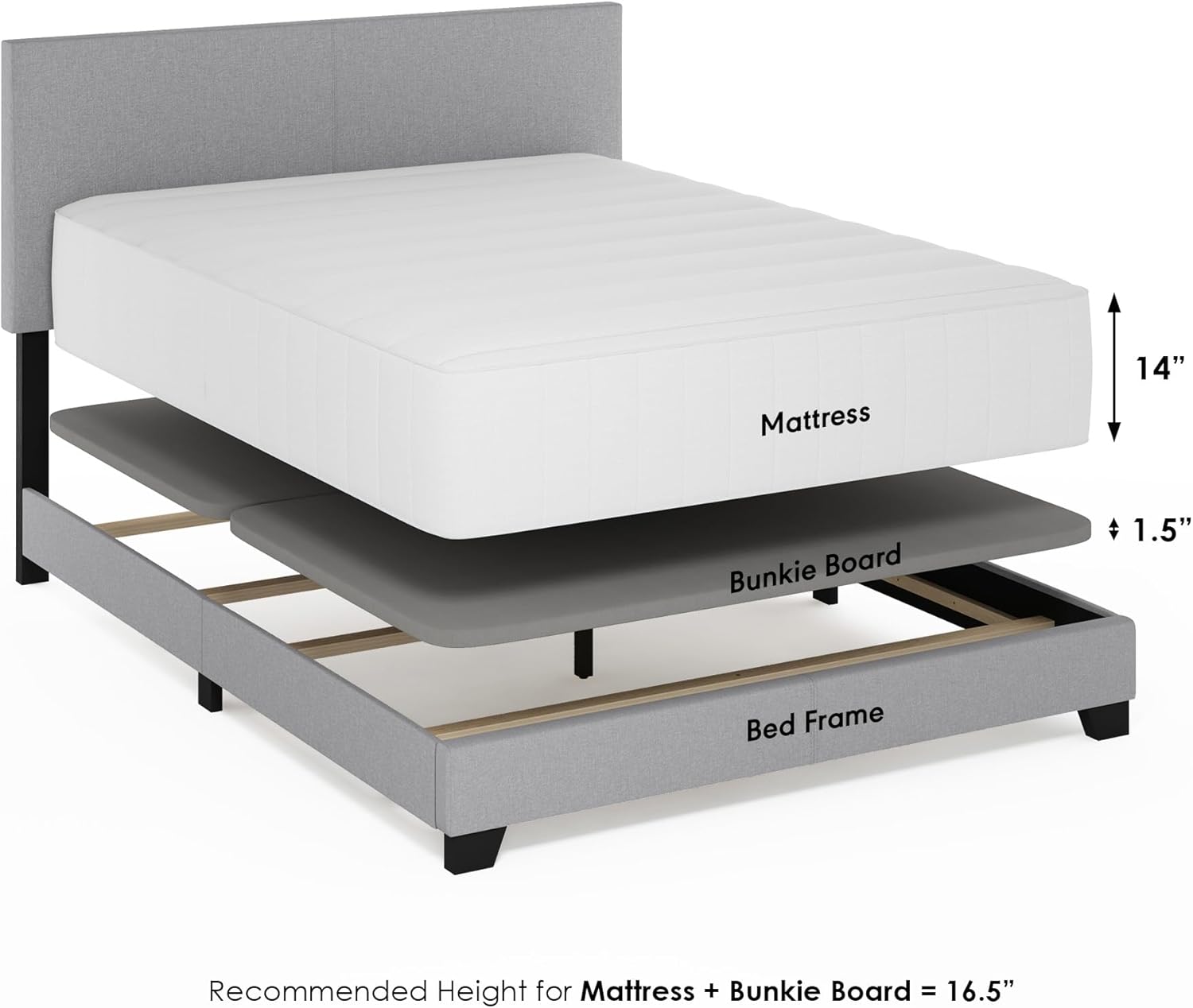 Furinno Pessac – Marco de cama tapizado de tela con soporte de listones de madera, tamaño Queen, glaciar