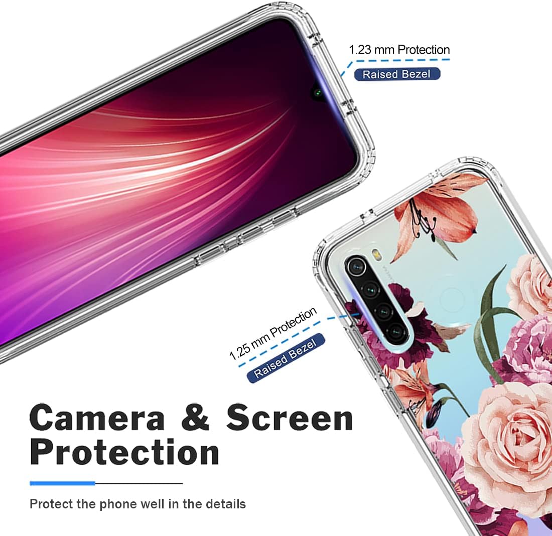 Bohefo Funda para Redmi Note 8 (20192021) con protector de pantalla de vidrio templado, cuerpo completo, lindo diseño floral, a prueba de golpes,