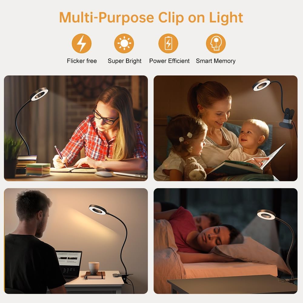 KEXIN Lámpara de mesa con clip, 3 modos de color, 10 brillos con abrazadera para el cuidado de los ojos, lámpara de lectura regulable, lámpara de