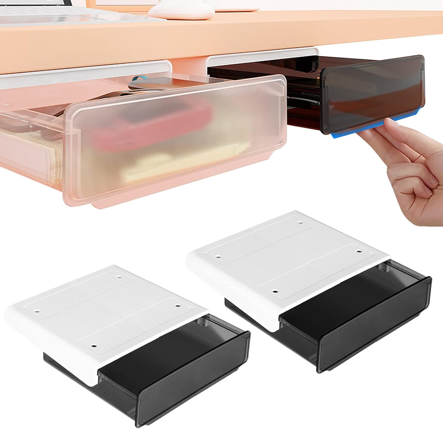 Davidsons Collection – Cajón autoadhesivo debajo del escritorio, 2 paquetes de organizador oculto para mesa, bandeja de almacenamiento grande para