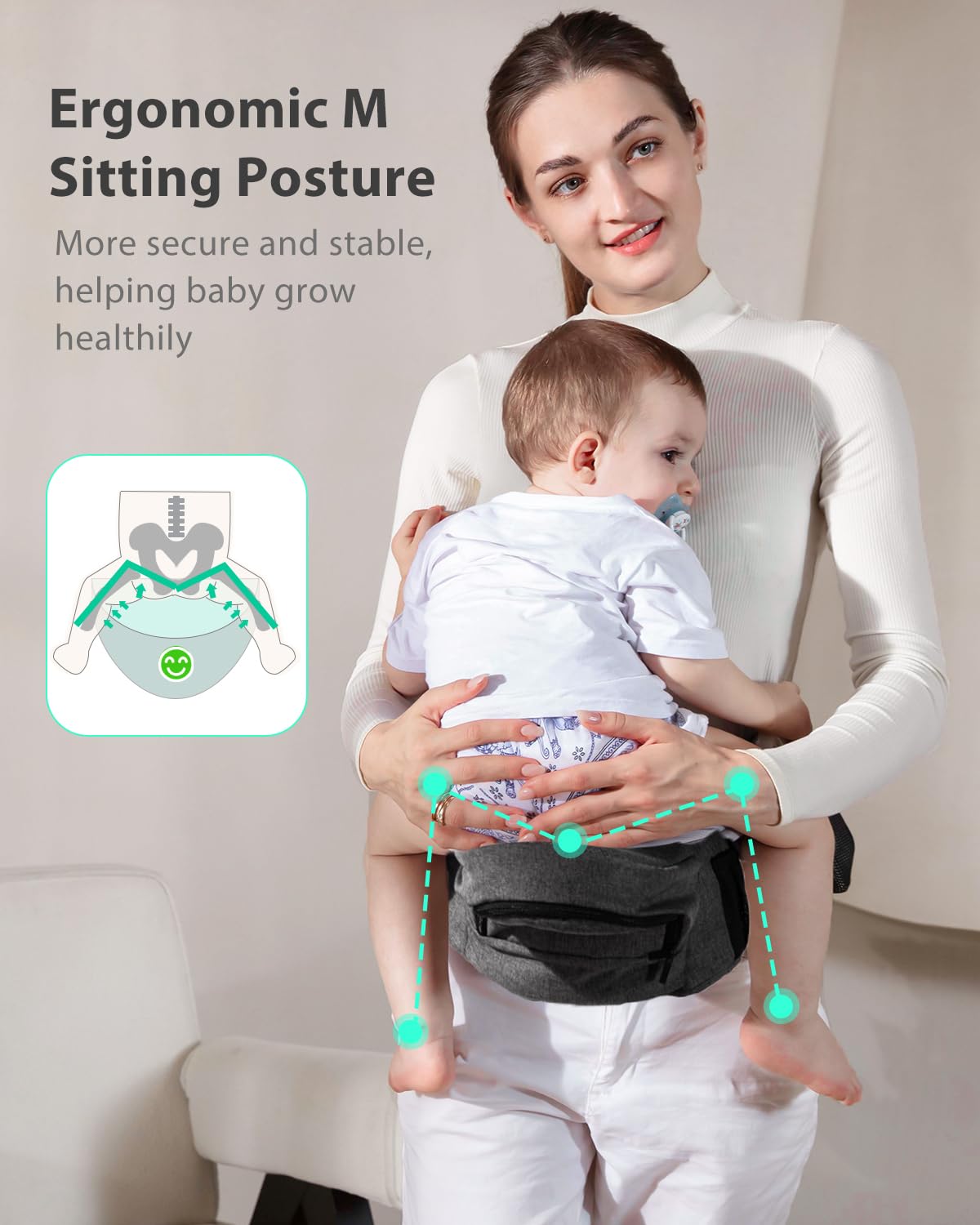 Portabebés ergonómico con múltiples bolsillos, cintura extendida ajustable para recién nacidos y niños pequeños de hasta 50 libras, color gris