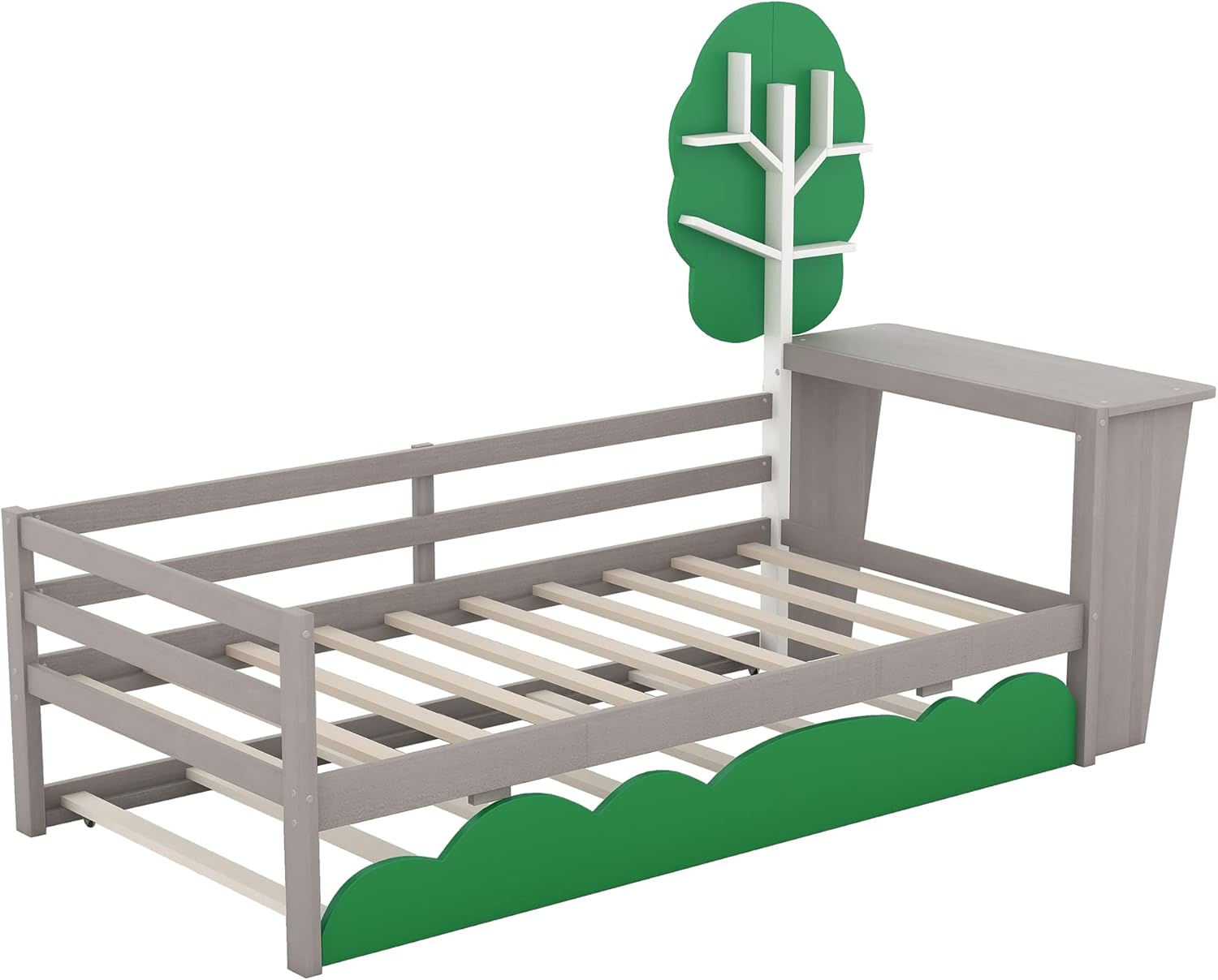 Anwick Base de cama individual con escritorio y nido, sofá cama de madera con escritorio y estantes en forma de árbol verde, cama de plataforma de