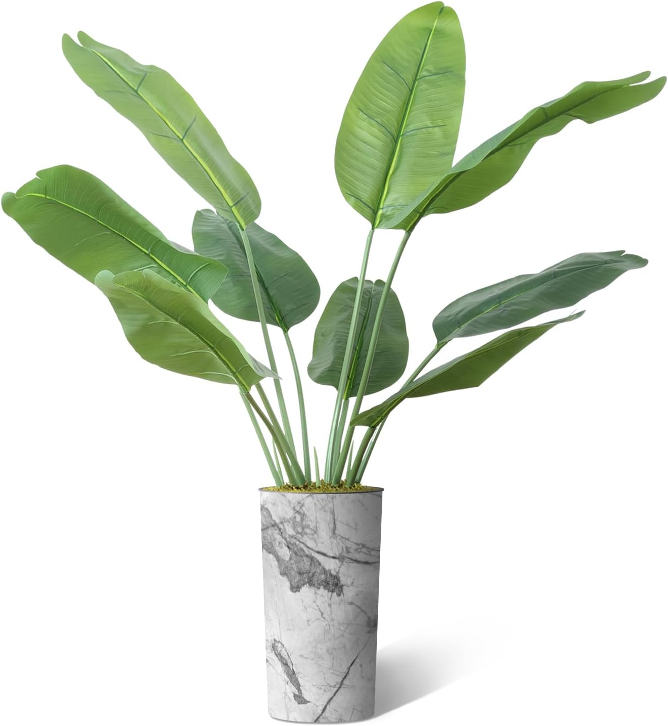 Árbol artificial en macetero con efecto de mármol gris, hojas de plátano falsas de seda para decoración del hogar en interiores y exteriores, altura