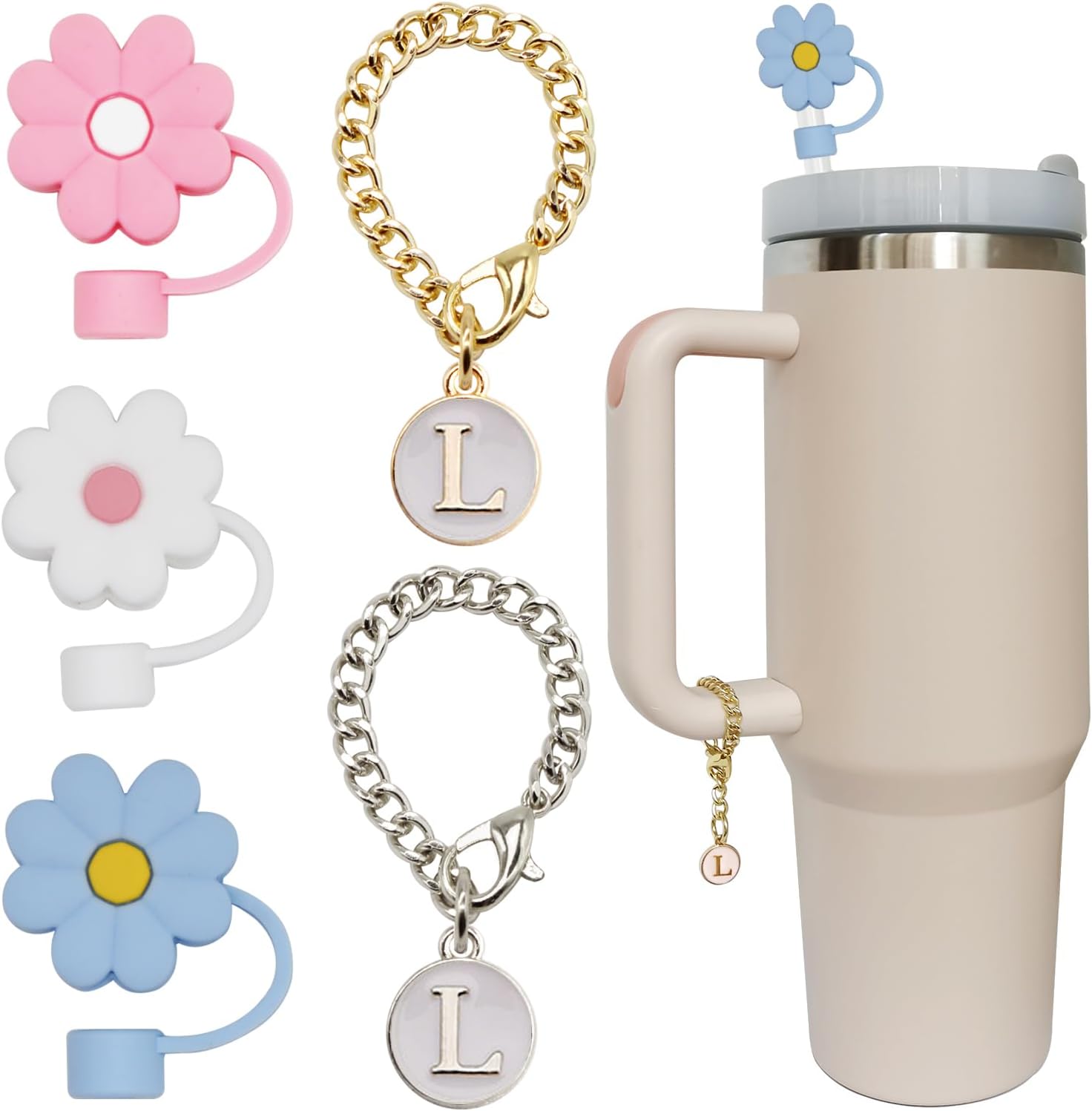 Stanley Cup 3 piezas de 30 y 40 onzas, 0.394 in de silicona con diseño de flores, tapa protectora con 2 dijes de letras iniciales personalizadas,