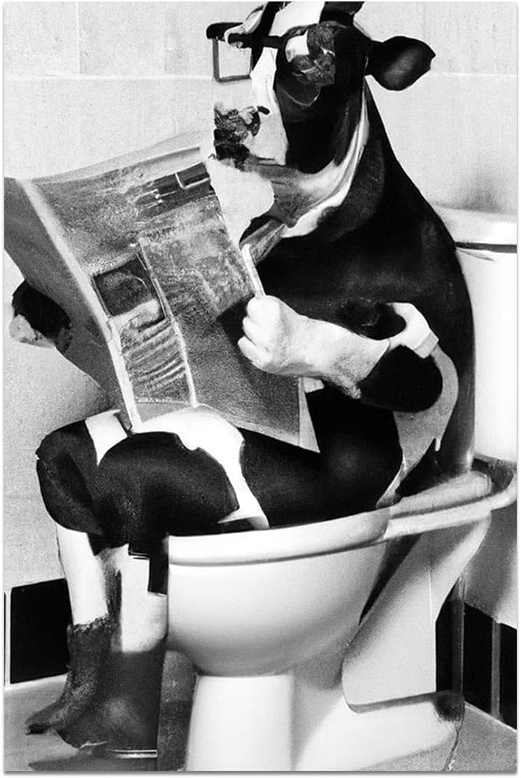 Divertido arte de pared de vaca en la bañera, póster de lienzo blanco y negro de vaca se sienta en el inodoro y lee el periódico, imagen de animales