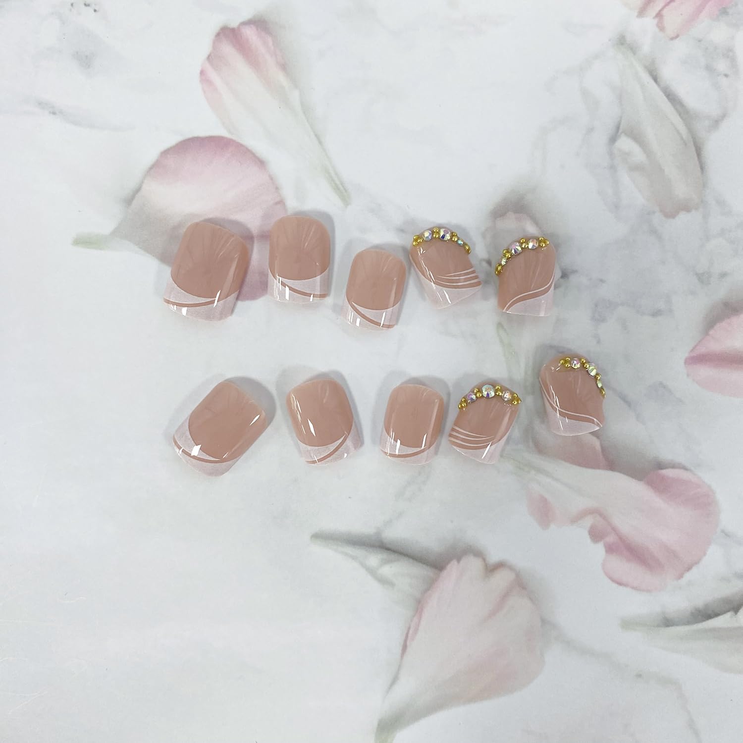 Uñas postizas cuadradas a presión, uñas postizas cortas de color rosa, con diseños de diamantes de imitación, uñas francesas brillantes de cobertura