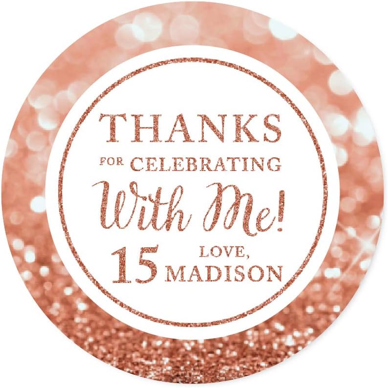 Andaz Press Etiquetas adhesivas redondas con purpurina de oro rosa sintético, con texto en inglés “Thank for Celebrating with Me 15”, “Mis