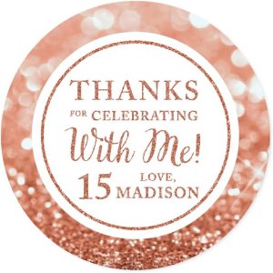 Andaz Press Etiquetas adhesivas redondas con purpurina de oro rosa sintético, con texto en inglés “Thank for Celebrating with Me 15”, “Mis Andaz Press Etiquetas adhesivas redondas con purpurina de oro rosa sintético, con texto en inglés “Thank for Celebrating with Me 15”, “Mis
